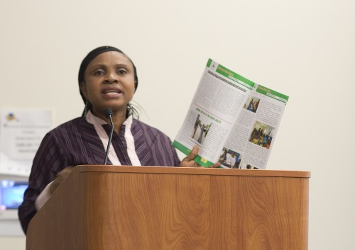 Emem Okon speaking at Roosevelt University in Chicago.